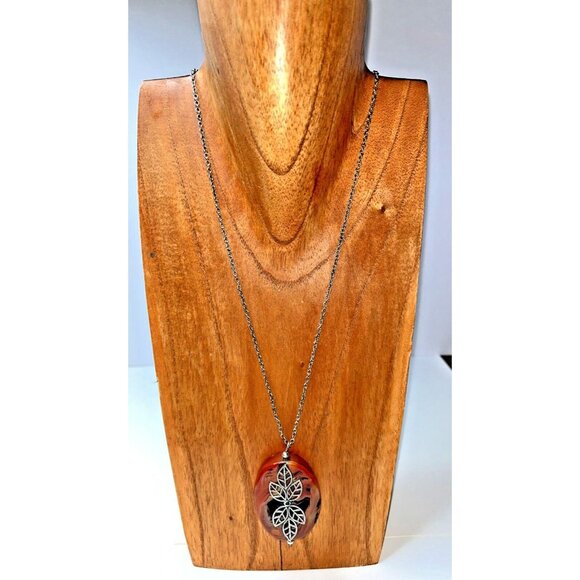 HM Silver Caramel Brown Black Oval Agate Stone Leaf Overlay Statement Necklace - Picture 3 of 8